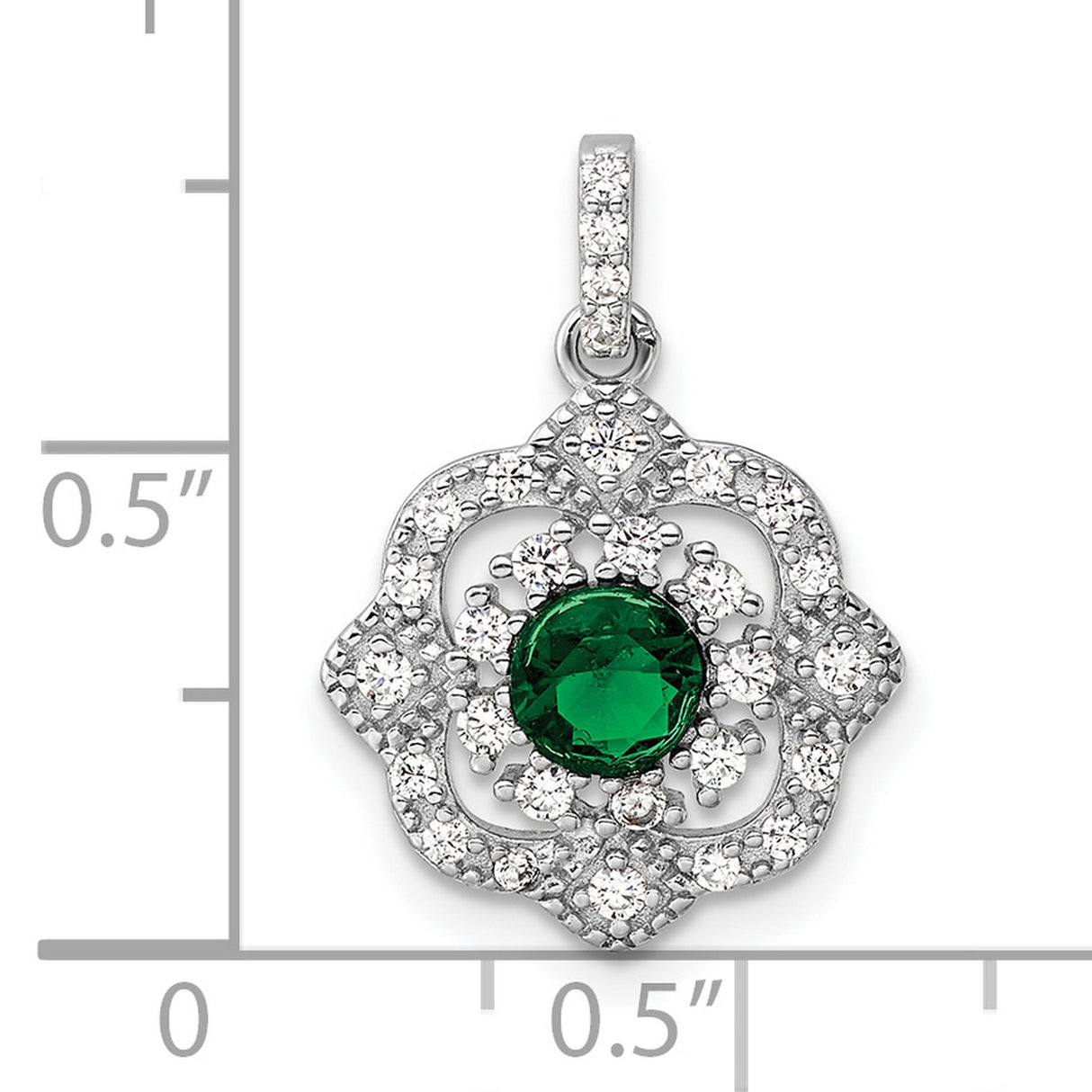 Sterling Silver Floral Pendant with Green Gemstone Center and Cubic Zirconia Accents