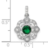 Sterling Silver Floral Pendant with Green Gemstone Center and Cubic Zirconia Accents