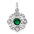 Sterling Silver Floral Pendant with Green Gemstone Center and Cubic Zirconia Accents