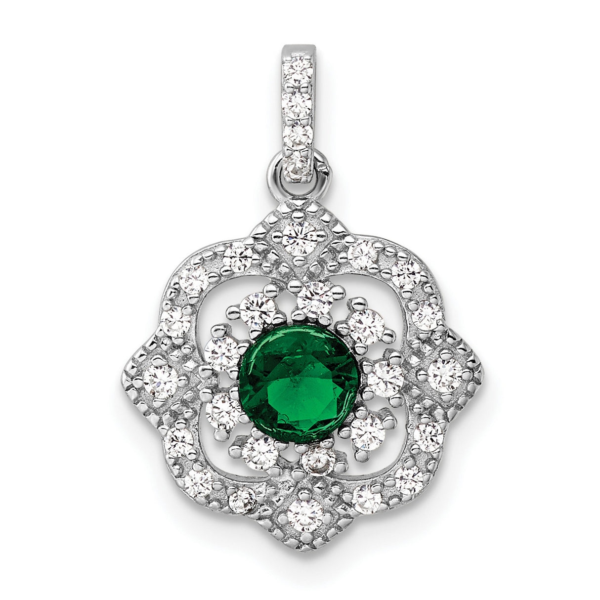 Sterling Silver Floral Pendant with Green Gemstone Center and Cubic Zirconia Accents