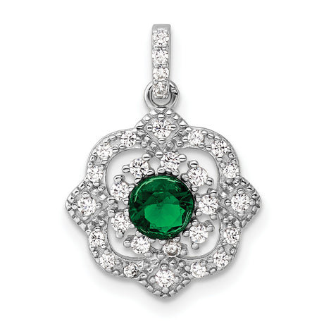 Sterling Silver Floral Pendant with Green Gemstone Center and Cubic Zirconia Accents