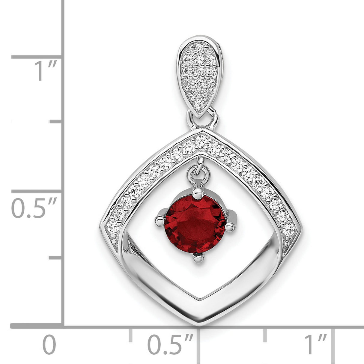 Sterling Silver Pendant with Round Red Cubic Zirconia, Geometric Design, Modern Womens Jewelry