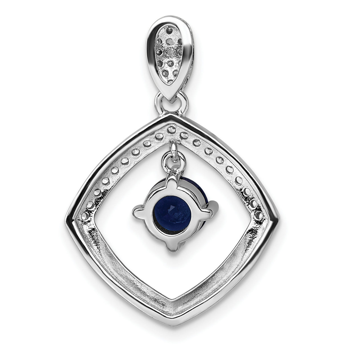 Sterling Silver Pendant with Round Blue Cubic Zirconia in Open Diamond Frame with Pavé Accents