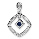 Sterling Silver Pendant with Round Blue Cubic Zirconia in Open Diamond Frame with Pavé Accents