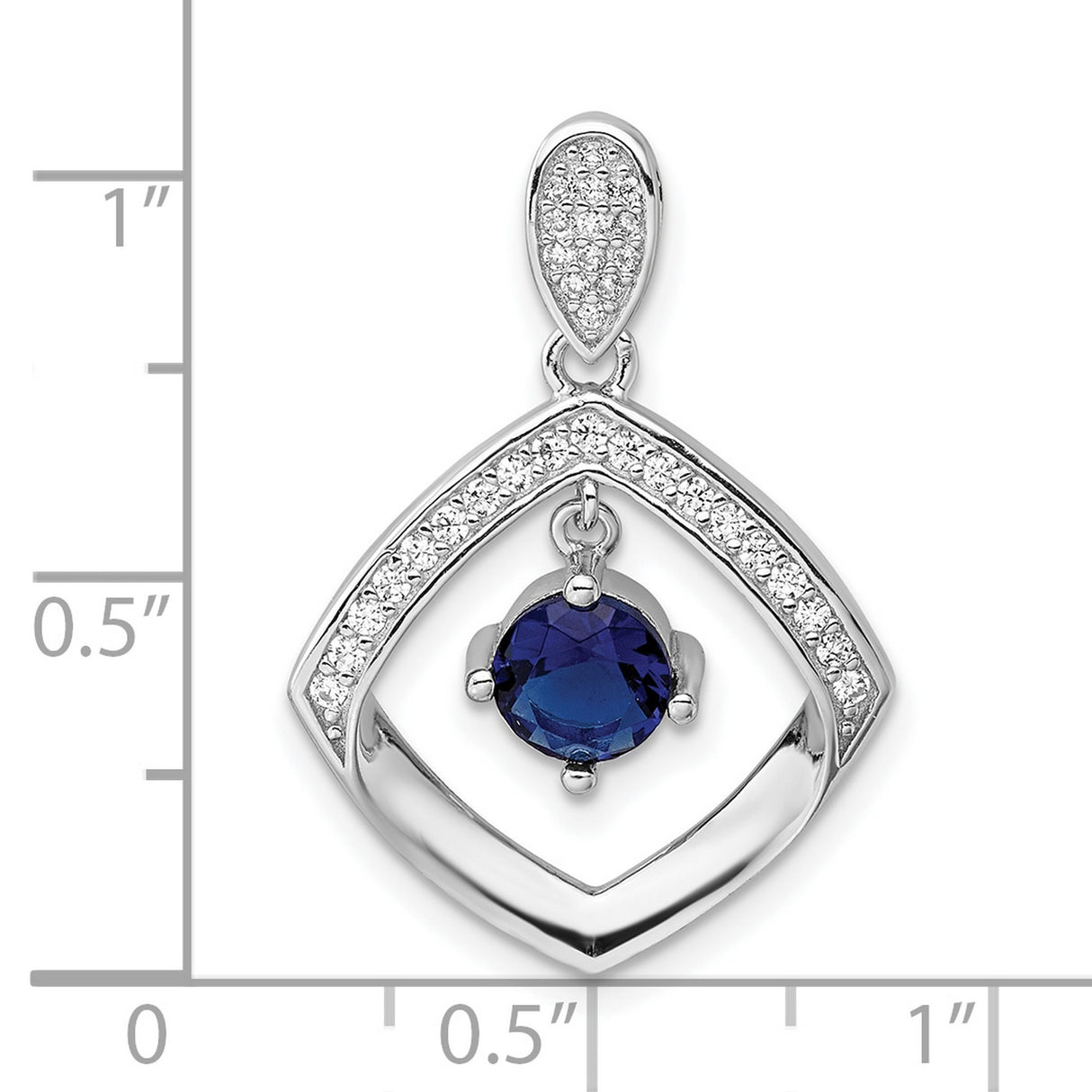 Sterling Silver Pendant with Round Blue Cubic Zirconia in Open Diamond Frame with Pavé Accents