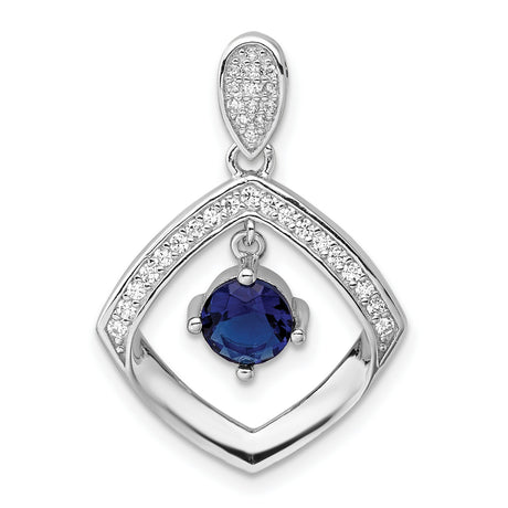 Sterling Silver Pendant with Round Blue Cubic Zirconia in Open Diamond Frame with Pavé Accents
