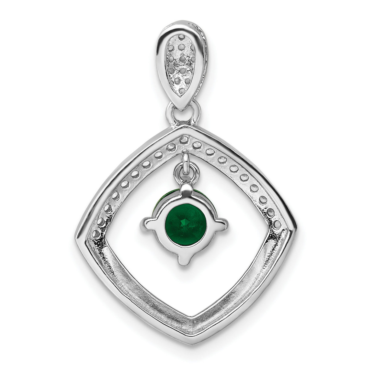 Sterling Silver Pendant with Green Gemstone, Cubic Zirconia Accents, Modern Geometric Frame Design