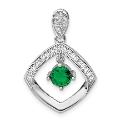 Sterling Silver Pendant with Green Gemstone, Cubic Zirconia Accents, Modern Geometric Frame Design