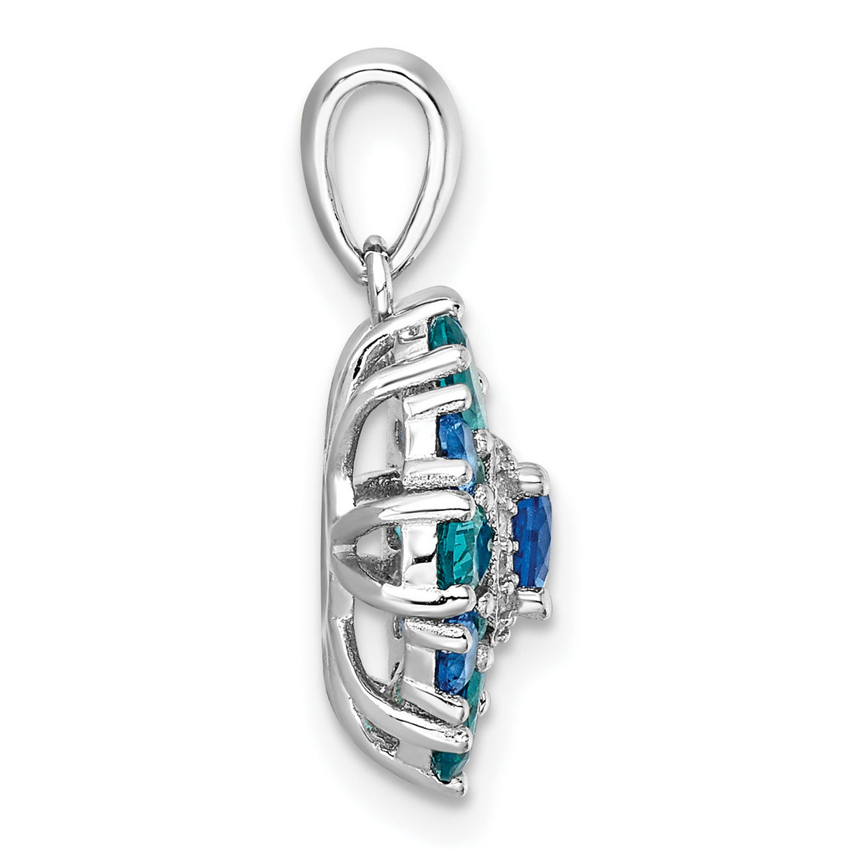 Sterling Silver Floral Pendant with Blue Crystal and Cubic Zirconia Teardrops