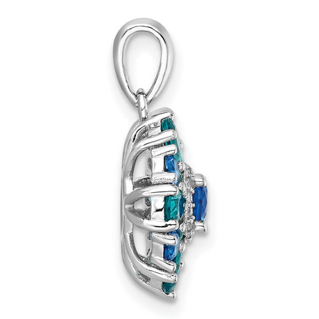 Sterling Silver Floral Pendant with Blue Crystal and Cubic Zirconia Teardrops