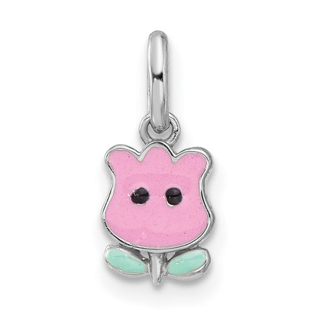 Sterling Silver Tulip Pendant Charm with Pink Enamel Flower and Cute Face Design for Girls