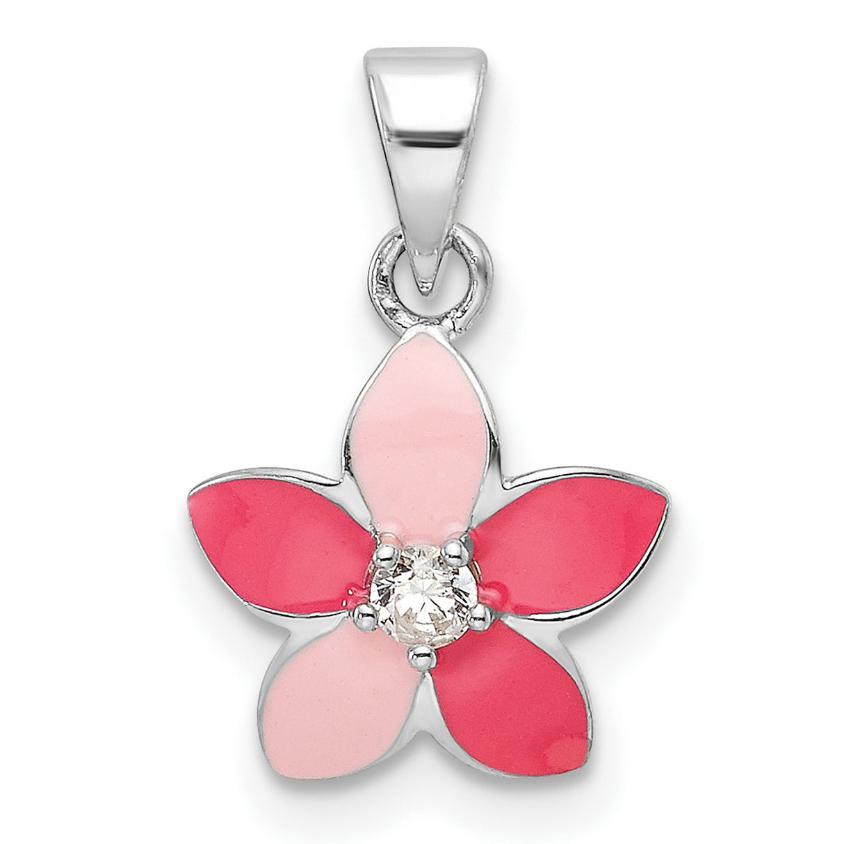 Sterling Silver Flower Pendant with Pink and Red Enamel Petals and Cubic Zirconia Center