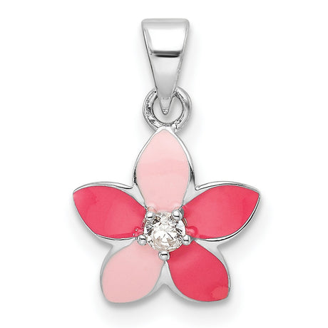 Sterling Silver Flower Pendant with Pink and Red Enamel Petals and Cubic Zirconia Center