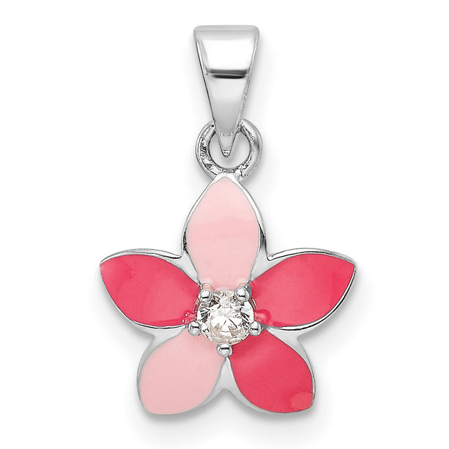 Sterling Silver Flower Pendant with Pink and Red Enamel Petals and Cubic Zirconia Center