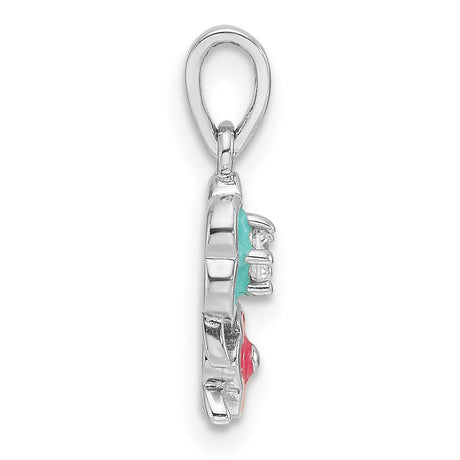 Sterling Silver Flower Pendant with Cubic Zirconia, Turquoise and Pink Enamel Blossoms