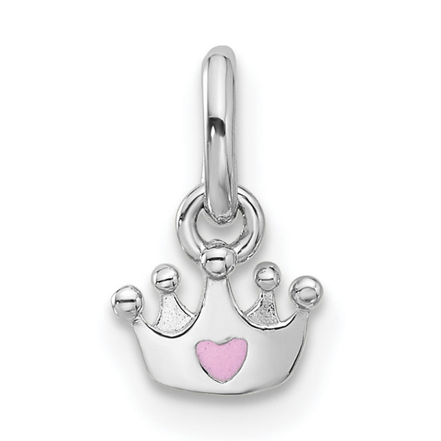 Sterling Silver Crown Pendant with Pink Heart Accent, Princess Theme Jewelry for Girls or Women