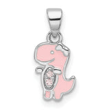 Sterling Silver Dinosaur Pendant with Cubic Zirconia and Pink Enamel Accents, Cute Cartoon Style for Girls