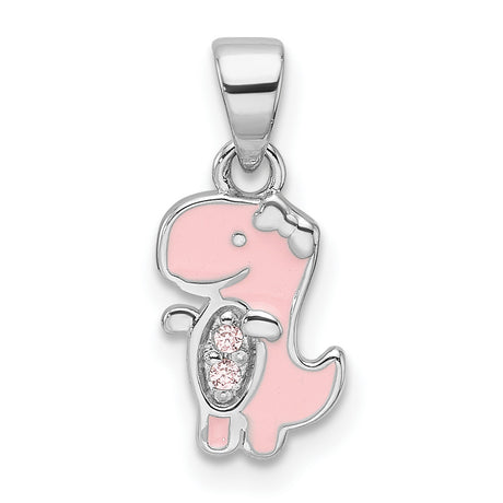 Sterling Silver Dinosaur Pendant with Cubic Zirconia and Pink Enamel Accents, Cute Cartoon Style for Girls