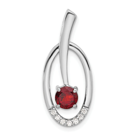 Sterling Silver Pendant with Garnet Center and Cubic Zirconia Accents, Open Oval Design