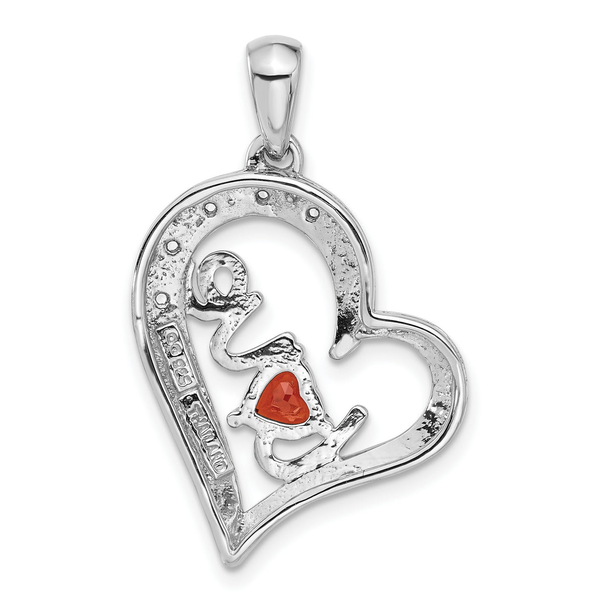 Garnet and White Topaz LOVE Heart Charm Pendant in Real 925 Sterling Silver