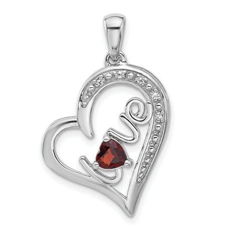 Garnet and White Topaz LOVE Heart Charm Pendant in Real 925 Sterling Silver