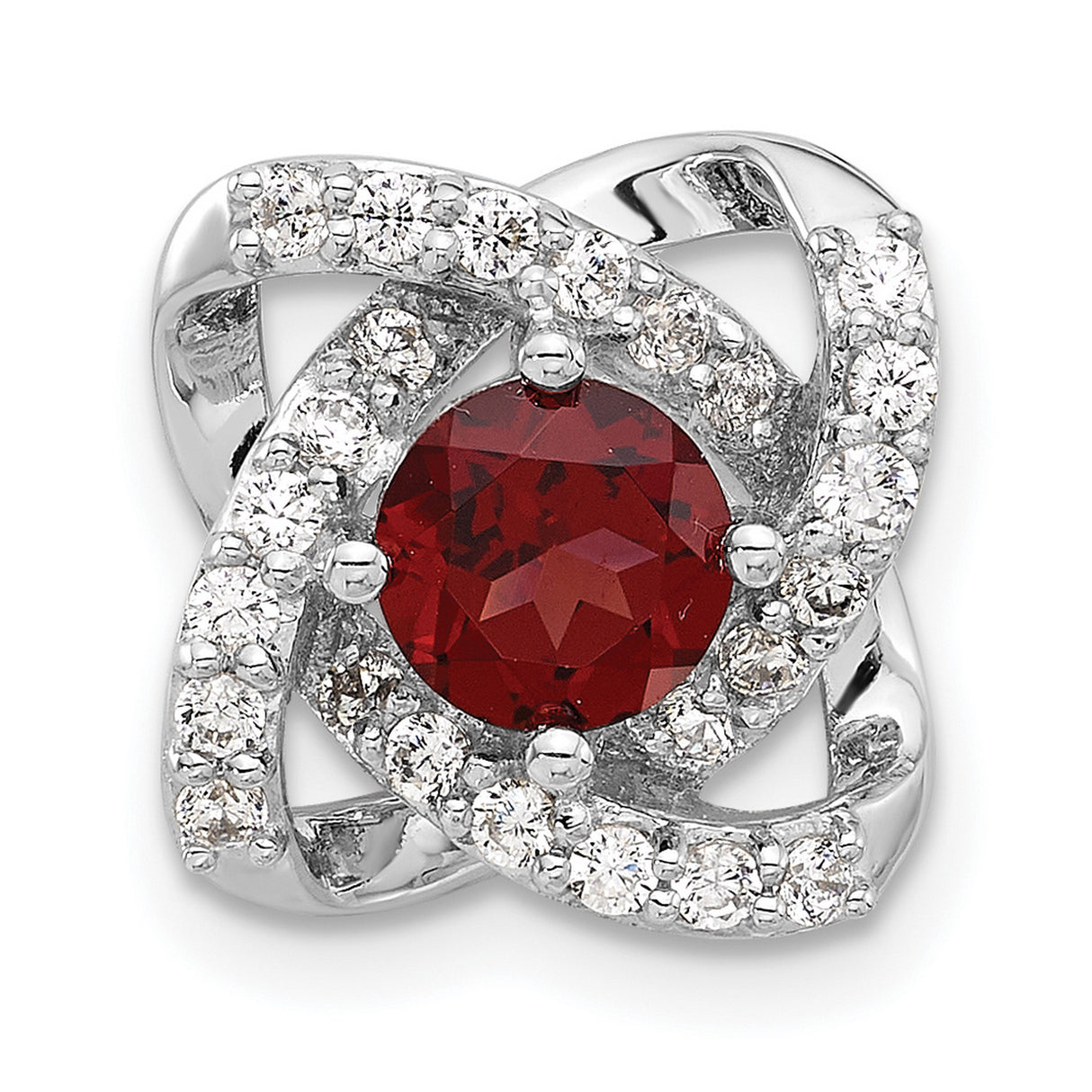 Sterling Silver Pendant with Garnet Center, Twisted Loop Design and Cubic Zirconia Accents