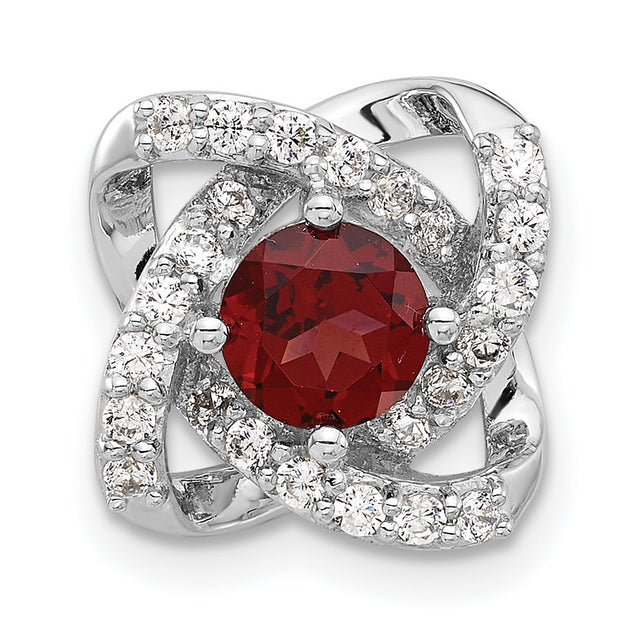 Sterling Silver Pendant with Garnet Center, Twisted Loop Design and Cubic Zirconia Accents