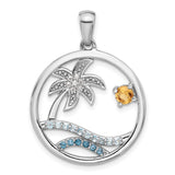 Sterling Silver Pendant with Citrine and Swiss Blue Topaz, Tropical Beach Scene Jewelry