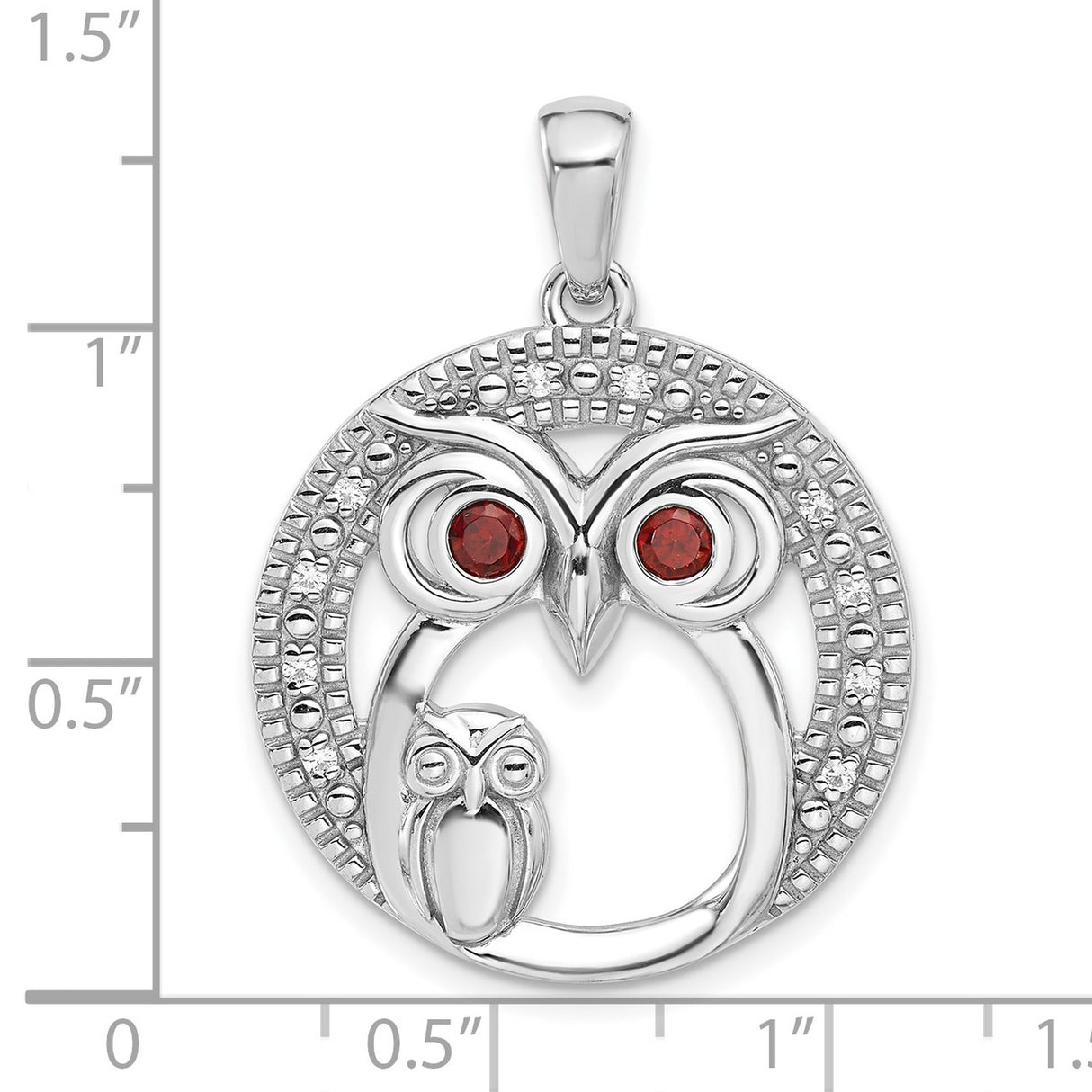 Sterling Silver Owl Pendant with Garnet Eyes, Mother and Baby Owl Design, Nature Symbol Jewelry