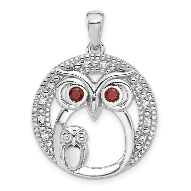 Sterling Silver Owl Pendant with Garnet Eyes, Mother and Baby Owl Design, Nature Symbol Jewelry