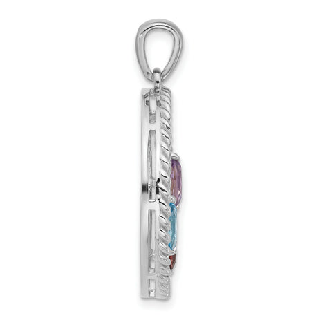 Sterling Silver Tree Pendant with Swiss Blue Topaz and Garnet, Twisted Rope Border, Nature Theme