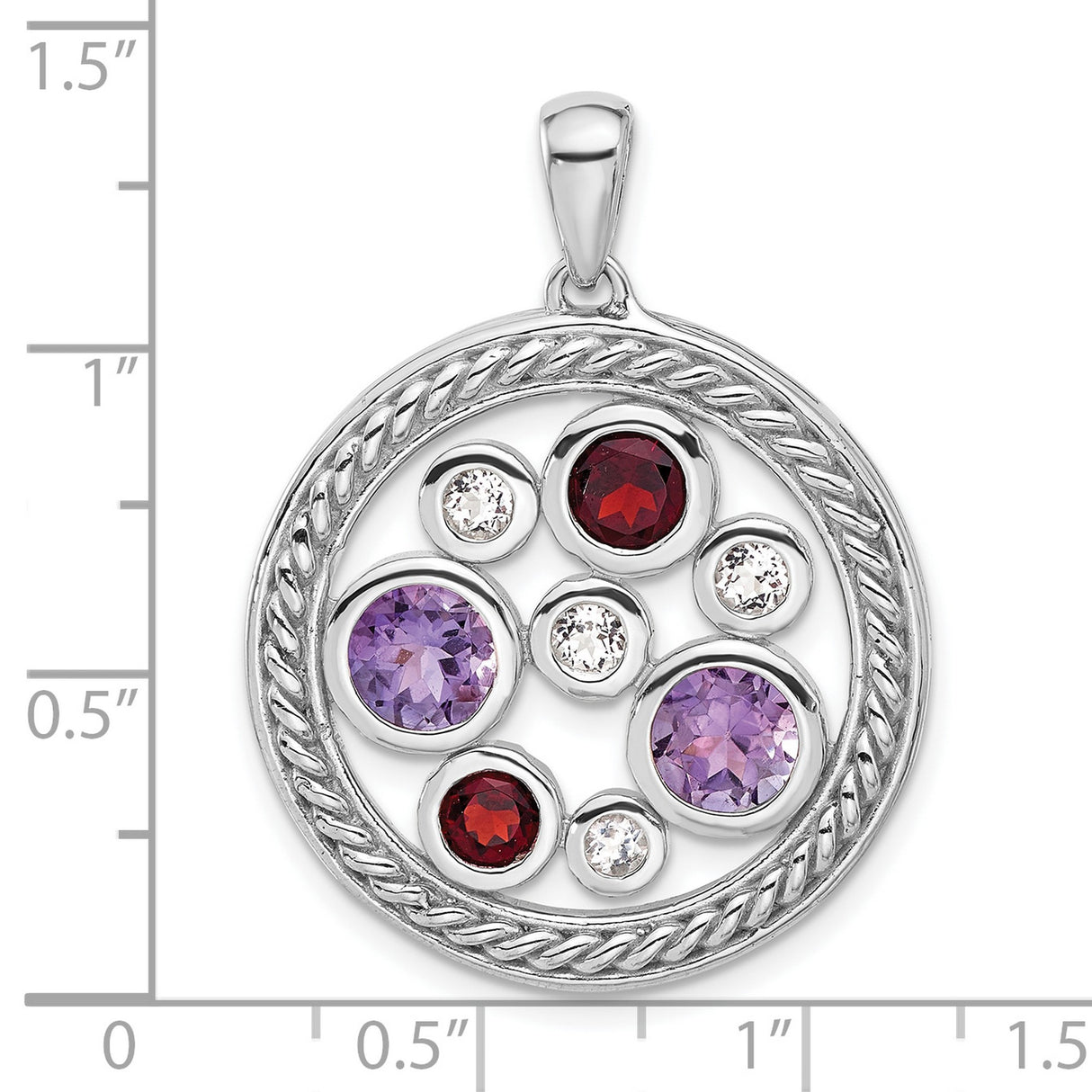 Sterling Silver Pendant with Amethyst and Garnet, Twisted Rope Circle Design