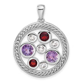 Sterling Silver Pendant with Amethyst and Garnet, Twisted Rope Circle Design