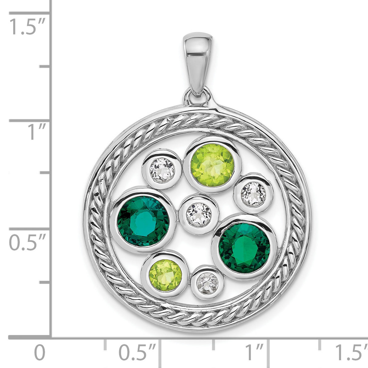 Sterling Silver Circle Pendant with Lab Created Emerald and Peridot in Twisted Rope Design