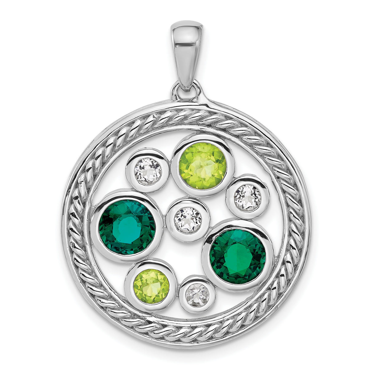 Sterling Silver Circle Pendant with Lab Created Emerald and Peridot in Twisted Rope Design