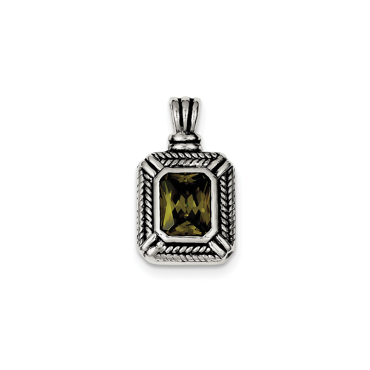 Sterling Silver Pendant with Cubic Zirconia, Rectangular Rope Design, Vintage Inspired