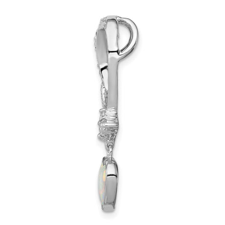 Sterling Silver Pendant with Curved Open Heart, Dangle Opal Heart and Cubic Zirconia Accents