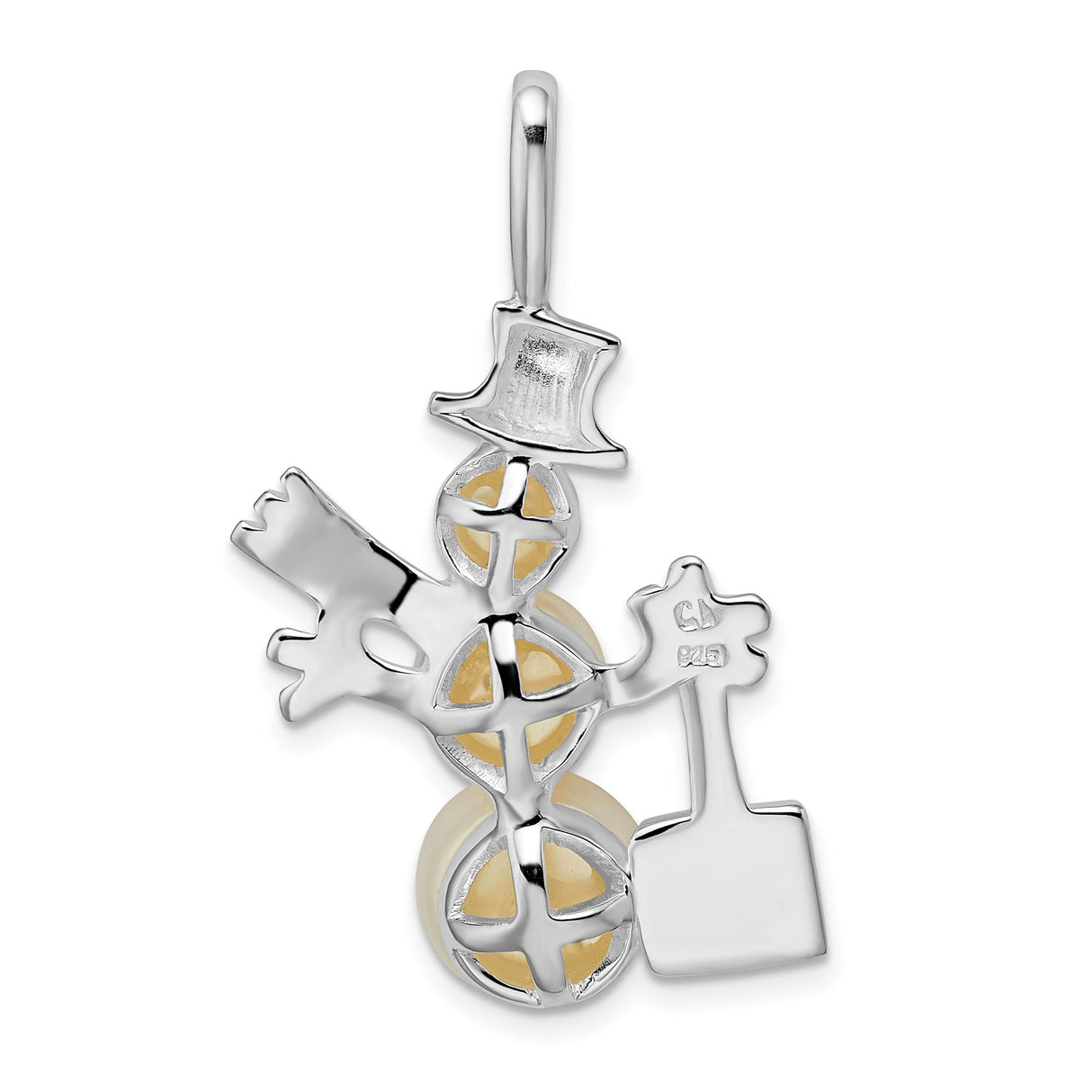 Sterling Silver Snowman Pendant with White Pearls, Top Hat, Scarf, and Shovel Charm