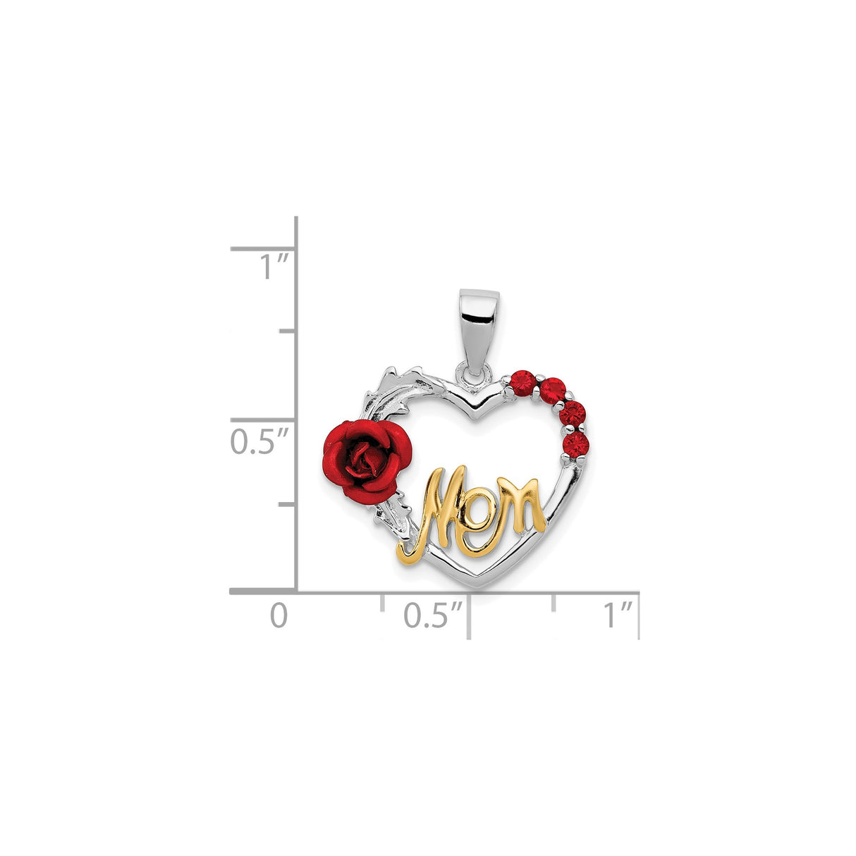 Sterling Silver Heart Pendant with Cubic Zirconia, Red Rose and Gold Script Mom Design