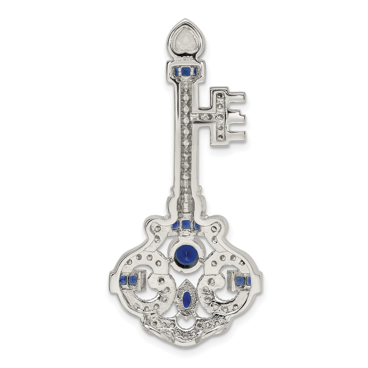 Sterling Silver Key Pendant with Blue and Clear Cubic Zirconia, Heart and Filigree Design