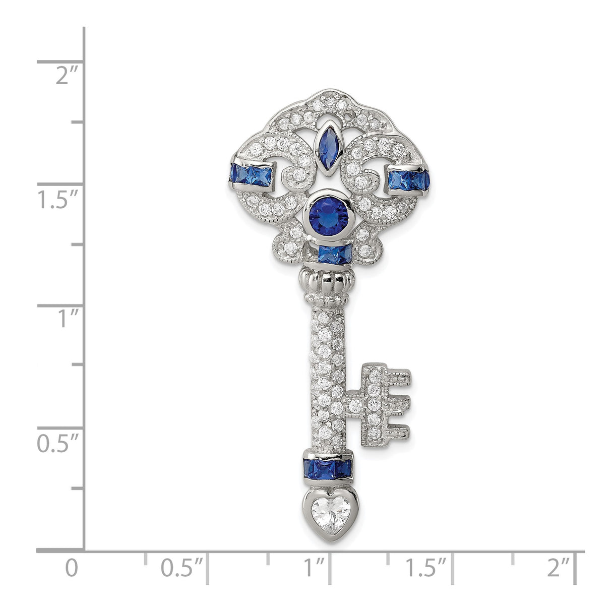 Sterling Silver Key Pendant with Blue and Clear Cubic Zirconia, Heart and Filigree Design