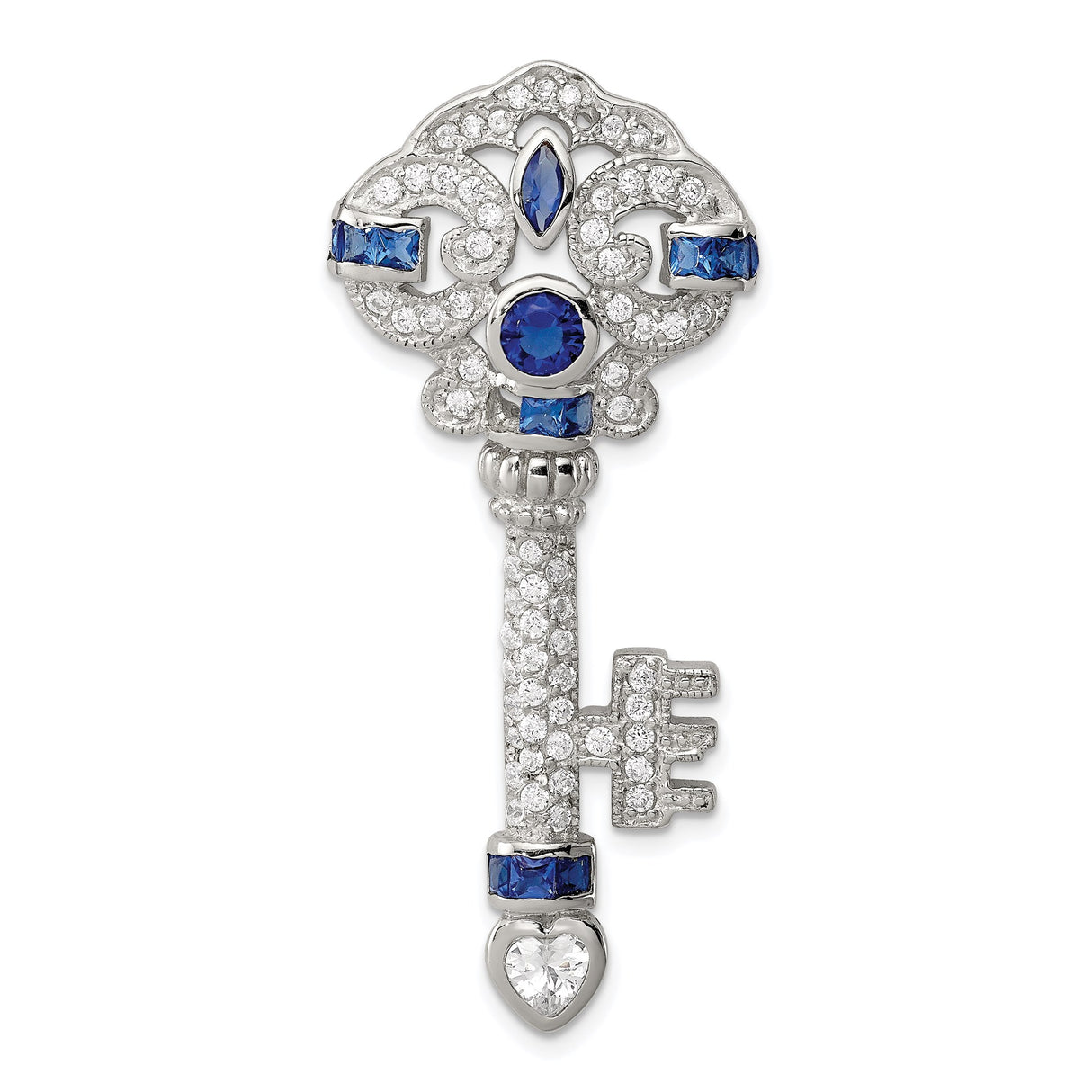 Sterling Silver Key Pendant with Blue and Clear Cubic Zirconia, Heart and Filigree Design
