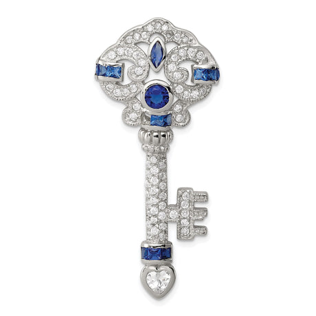 Sterling Silver Key Pendant with Blue and Clear Cubic Zirconia, Heart and Filigree Design