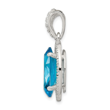 Sterling Silver Pendant with Oval Blue Cubic Zirconia and Textured Halo Design