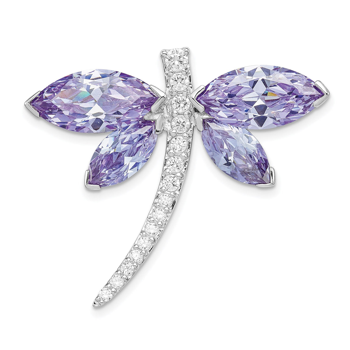 Sterling Silver Dragonfly Brooch Pin with Lavender Cubic Zirconia Wings and Clear Accents