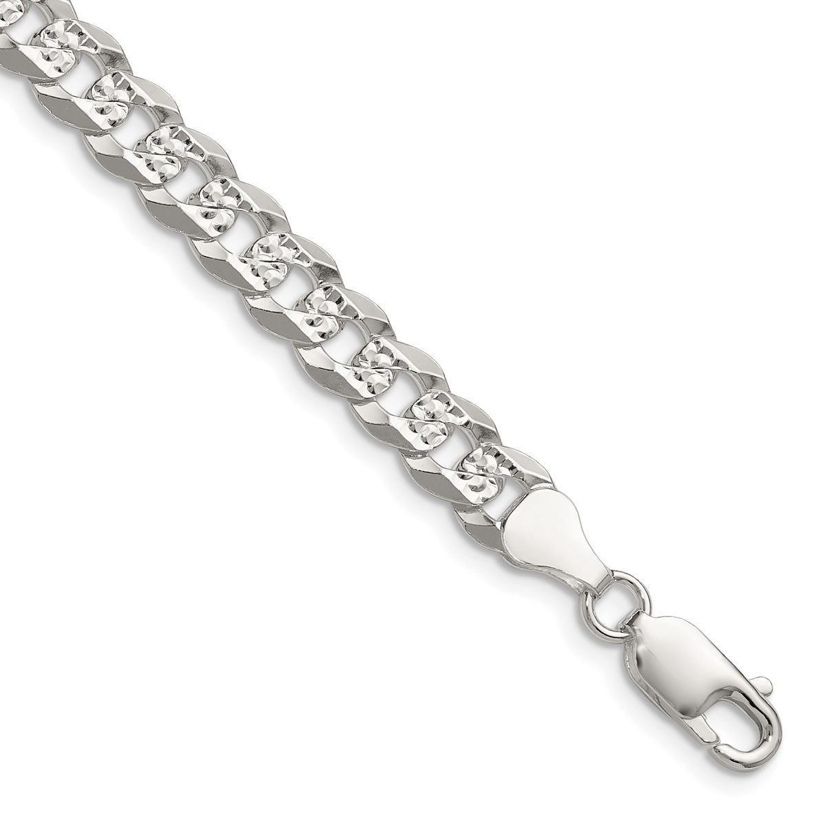 925 White Gold 6.75 mm Curb Chain Necklace, Polished detail view