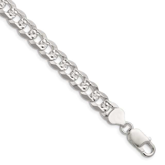 925 White Gold 8.25 mm Curb Chain Bracelet, Polished shown for scale
