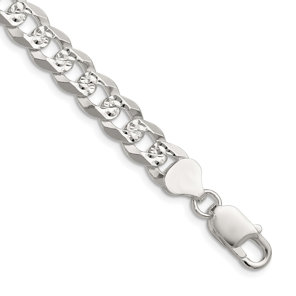 925 White Gold 8.25 mm Curb Chain Necklace, Polished detail view