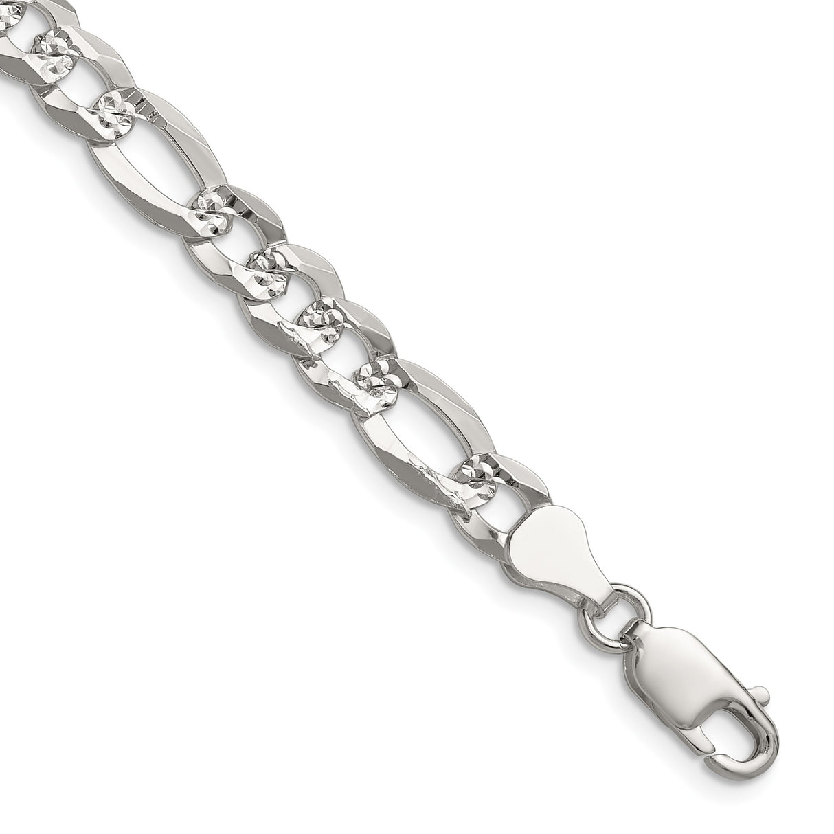 925 White Gold 7 mm Figaro Chain Necklace, Polished detail view