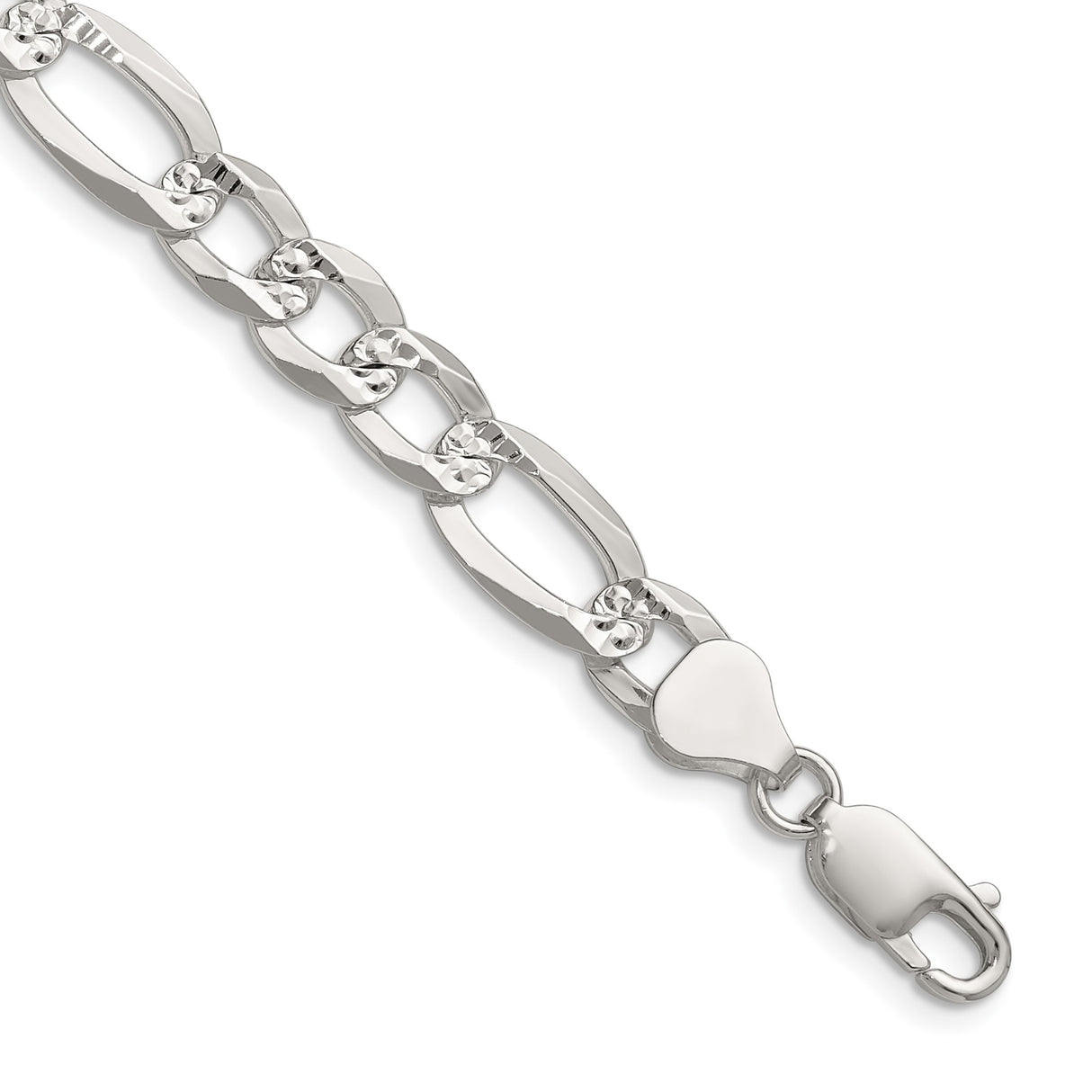 925 White Gold 7.9 mm Figaro Chain Necklace, Polished detail view